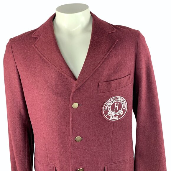 Vintage 80s Harvard Mens Wool Band Blazer Embroidered Logo Flawed w/ Moth Holes - Picture 2 of 16